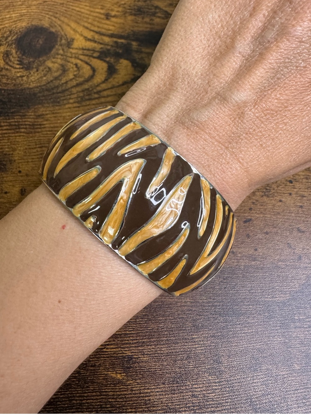 Brown and Tan Zebra-Print Enamel Bangle Hinged Bracelet - Wide Cuff